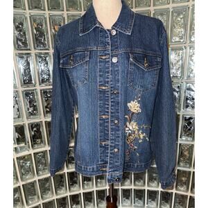 Vintage Adolfo Jean Jacket - Denim Floral Embroidered Western Lightweight - Sz M